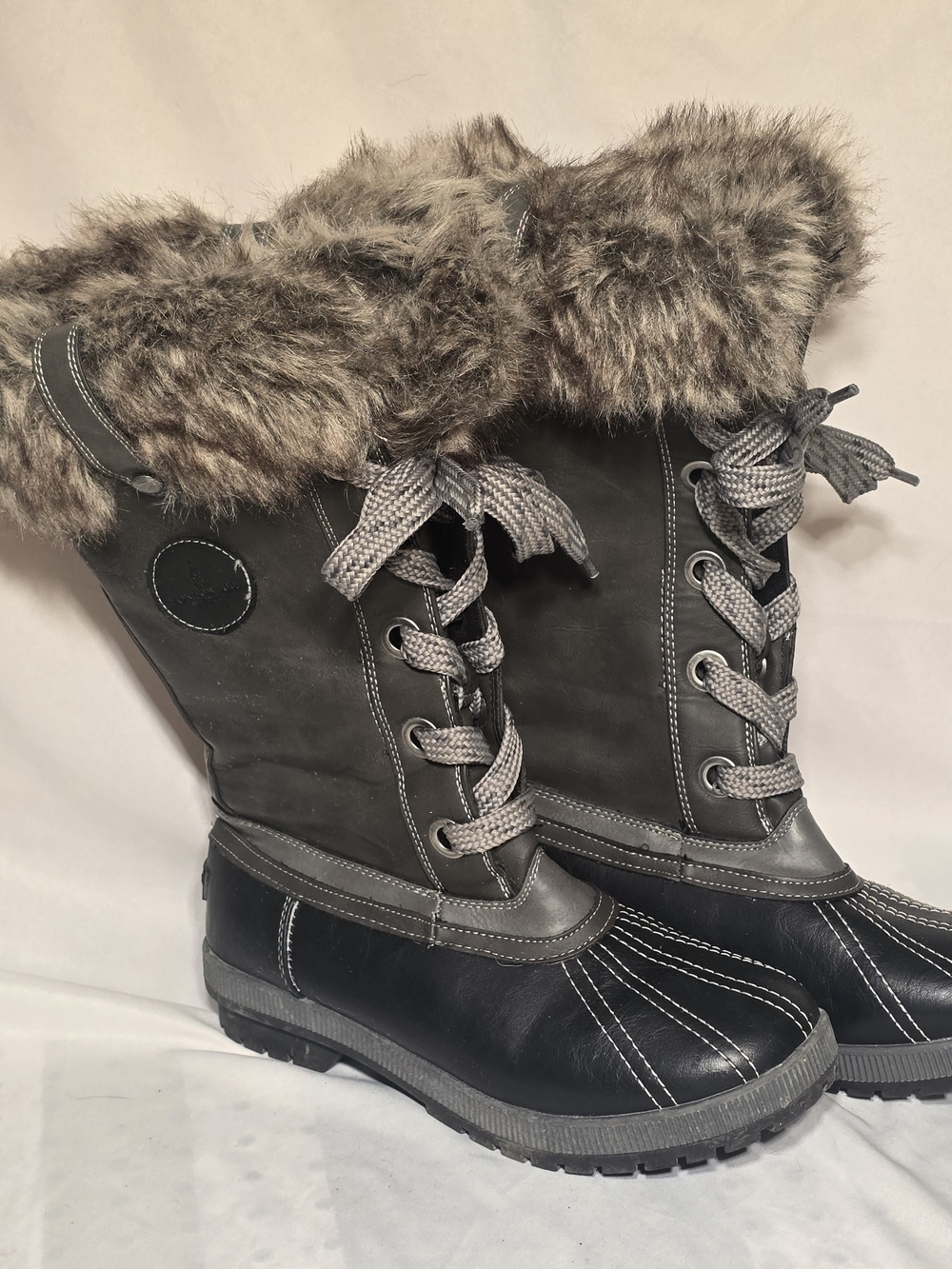 London Fog Women's Gray Faux Fur Lace-Up Winter Boots